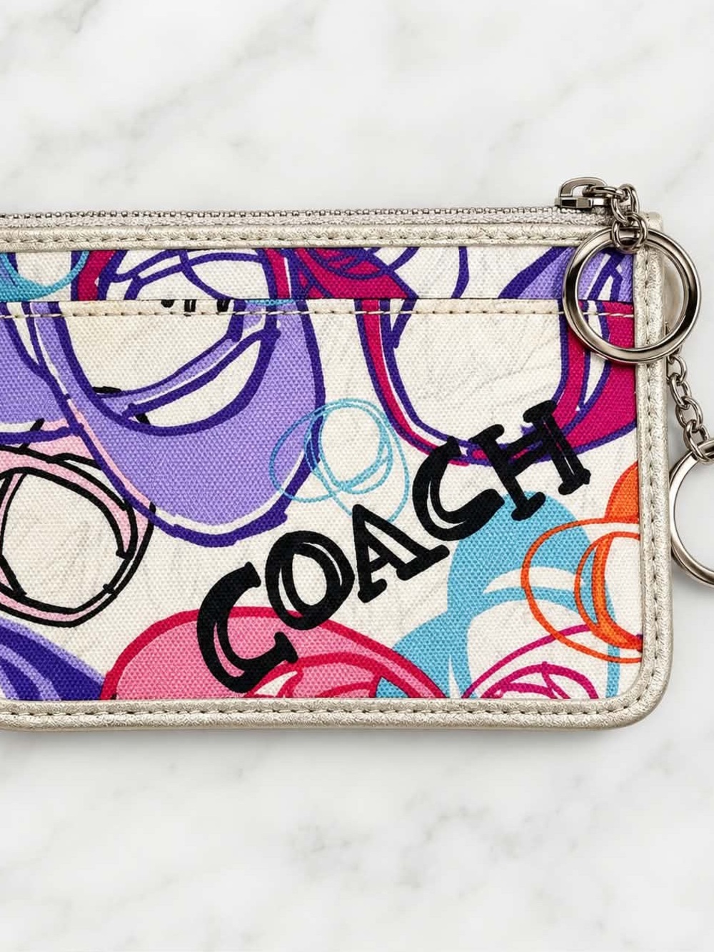 COACH Multicolor Circle-Print Canvas Key & Card Holder with Silver Trim